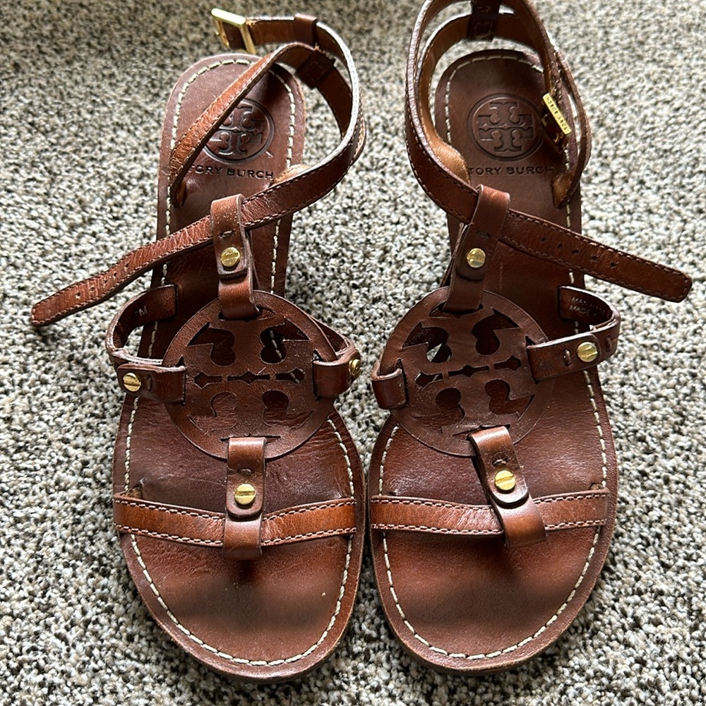 Brown Tory Burch, wedge sandal.